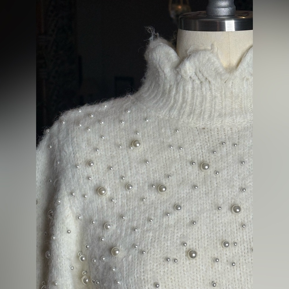 ZARA Pearl-Embellished Mock Neck Sweater – Size L